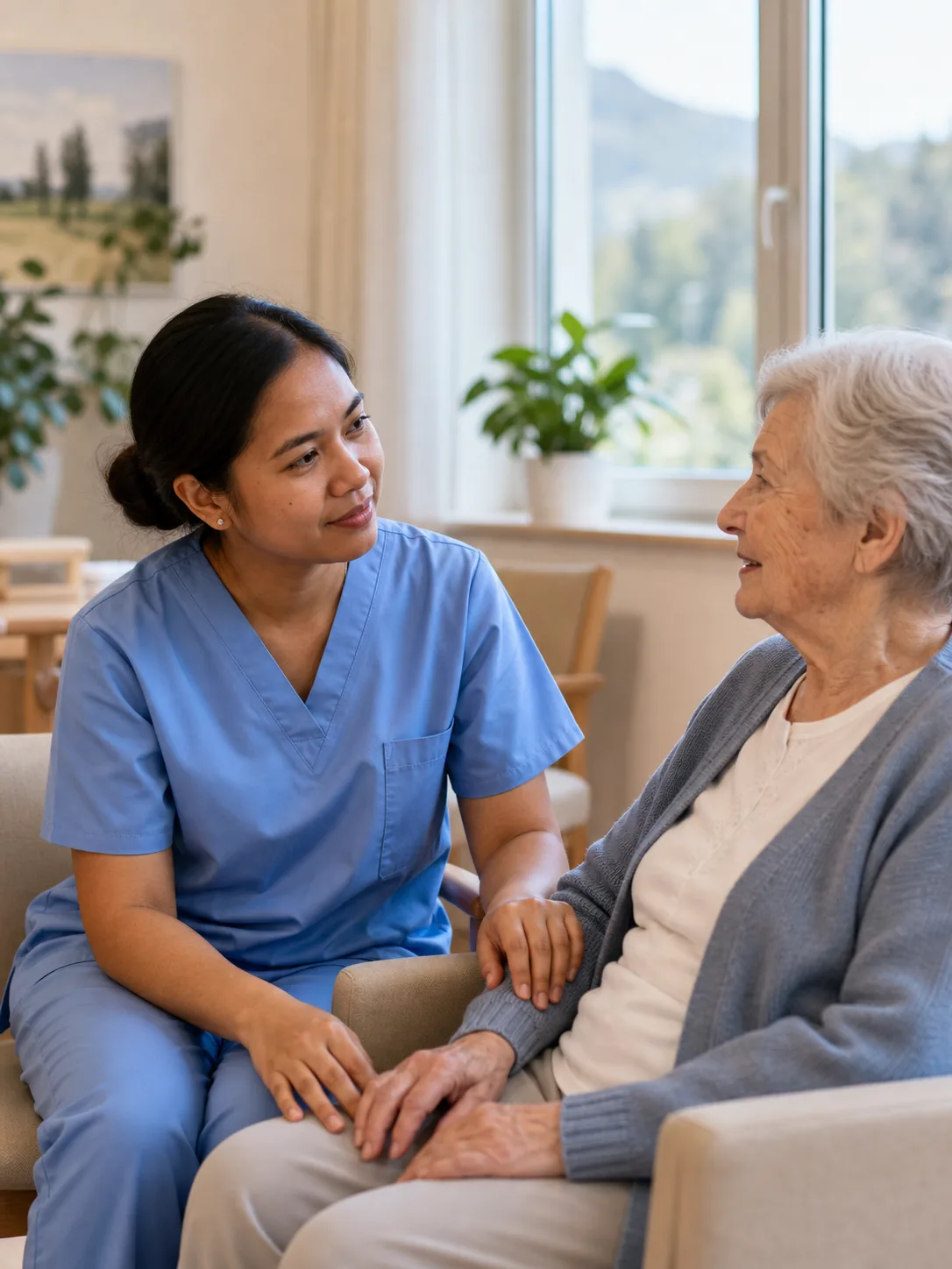 A Filipino care professional with a resident in an Austrian care home