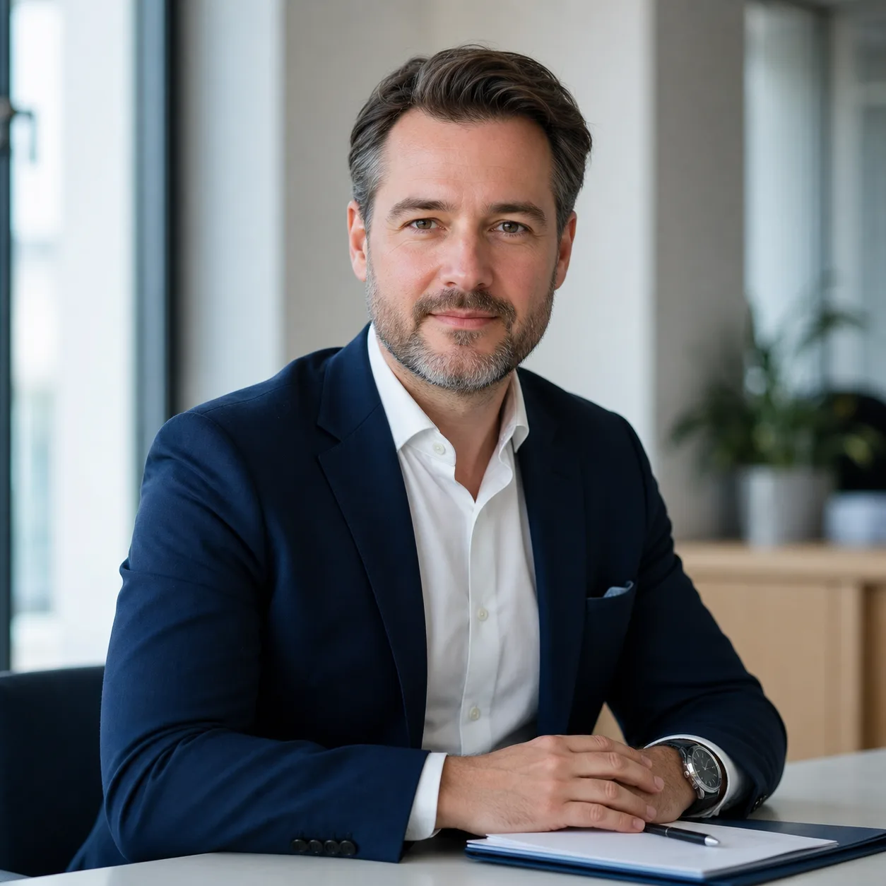Rechtspartner — Professionelles, nahbares Business-Porträt vor neutralem hellem Hintergrund — direkter Blick, echtes Lächeln, einheitliches Licht/Crop über beide Teamfotos.