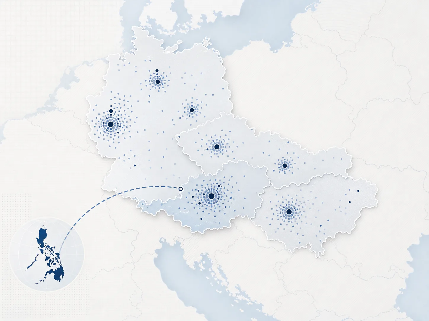 Stilisierte Karte Zentraleuropas (AT, DE, HU, CZ, SK) mit dezenten Punkt-Clustern, die die ≈49.800 Genehmigungen 2024 verorten — Navy/Blau, ruhig, datenjournalistisch, kein Clipart.