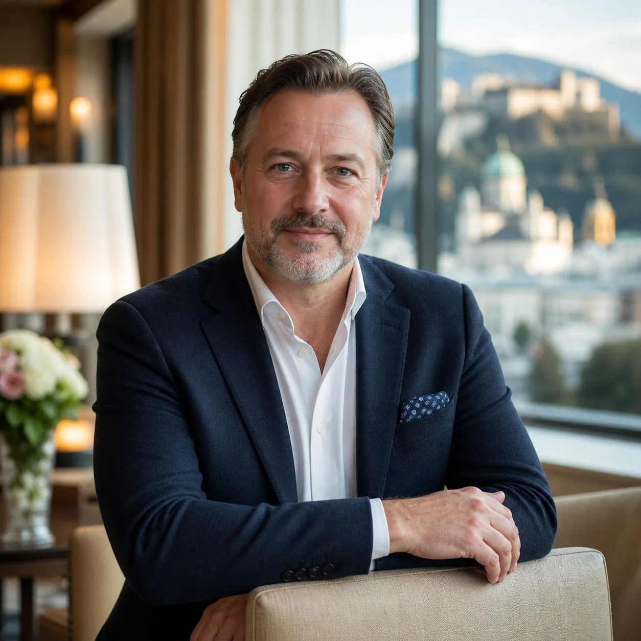 Porträt Hoteldirektor (Michael H., Salzburg) — vertrauenswürdig, vor Ort im Betrieb.