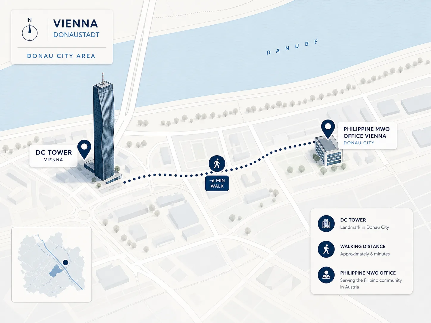 Stilisierte Karte: der DC Tower in der Wiener Donau City mit Marker, das philippinische MWO-Büro wenige Gehminuten entfernt — sauber, Navy/Blau, Daten-Karten-Look.